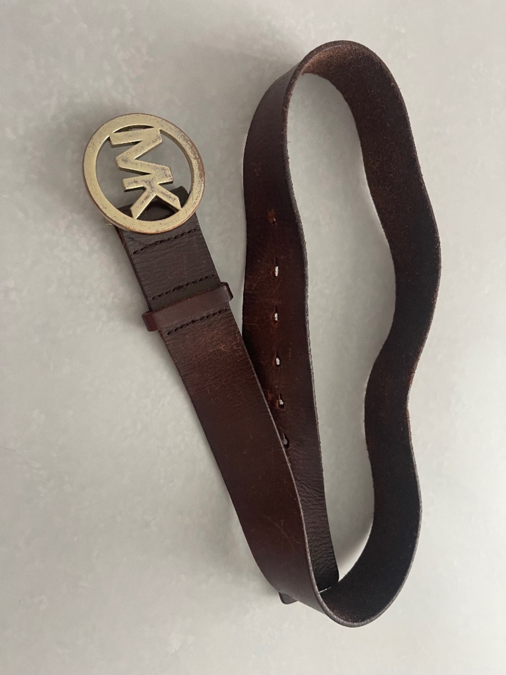 Brown Genuine Leather Belt Gold Tone Round Letter Buckle Size 39” Vintage Style